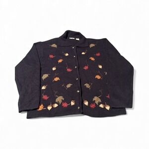 Fall Sweater Gold Buttons Navy Acorns & Leaves Embroidered Size Med Unbranded